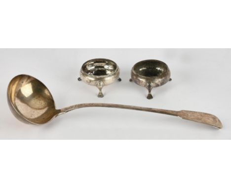 George III silver ladle by  William Eley I & William Fearn, London 1815 and a pair of cauldron salts, London 1759, marks rubb