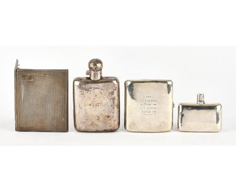 Silver hip flask Sheffield 1904, another small presentation hip flask by Samson Mordan & Co. date mark rubbed, engine turned 