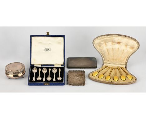 Cased set of six continental silver gilt and enamel demi-tasse spoons, another cased set of coffee spoons, engine turned card