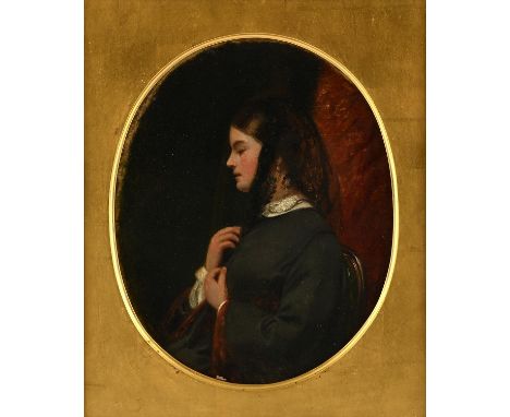 James Digman Wingfield (British 1800-1872). Profile Portrait of a lady with a black lace scarf, oil on board, oval, inscribed