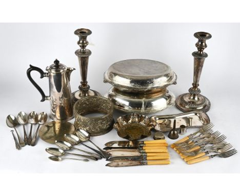 Silver plated items to include two entree dishes with covers, pair of candle sticks, snuffer tray, coffee pot, dish ring and 