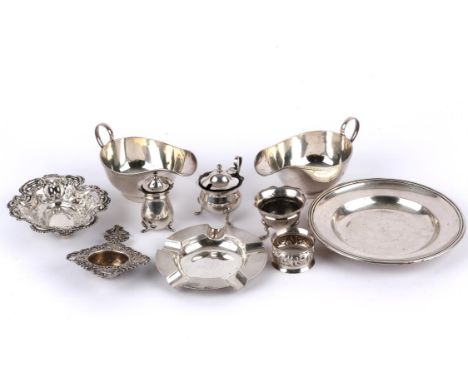 Pair of sauce boats, Sheffield 1930, embossed and pierced bon-bon dish, engine turned ashtray, various condiments, white meta