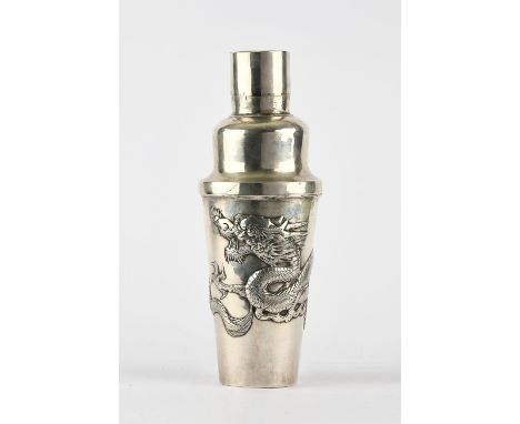 A Chinese silver cocktail shaker Cum Wo, Hing Kong circa 1900, the body with entwined four toed dragon, 458gm