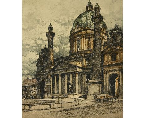 Luigi Kasimir (Austrian 1881-1962) a group of three etchings, 'Karlskirche, Vien', etching in colours, signed by the artist i