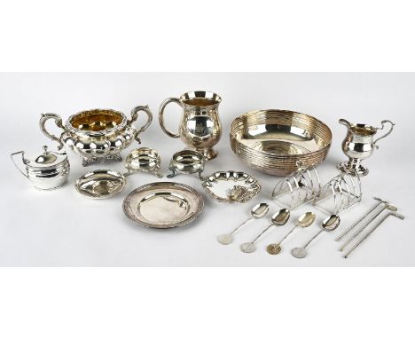 A quantity of mixed silver including ; two late George ll cauldron salts, a sterling silver tankard, a pair of toast racks, a