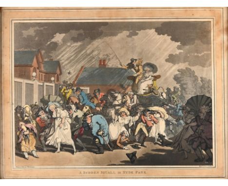 Thomas Rowlandson (British 1756-1827), Sudden Squall in Hyde Park, etching and aquatint, hand coloured, 34 x 46cm, along with