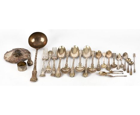 Early 19th century part canteen of Kings pattern flatware comprising, 6 table spoons, soup ladle, 3 table spoons, 3 tea spoon