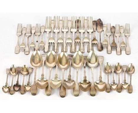 Mixed lot of mainly early 19th century silver fiddle pattern flatware to include soup ladle,12 fiddle pattern table forks, 10
