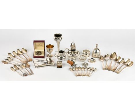 Small silver items to include tea spoons, coffee spoons, Japanese sterling silver  cigarette case,  chamber stick, and other 