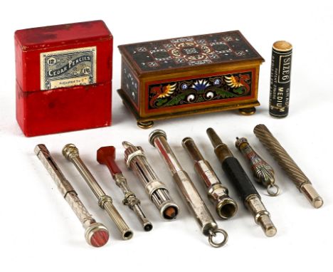 Brass and champleve enamel stamp box by Thornhill, New Bond Street, London, two silver mechanical pencils by Samson Mordan, a