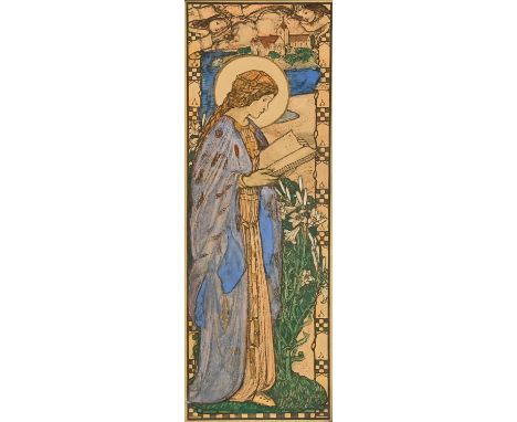 Louis Davis (British Circa 1897), a hand coloured lithograph of a female saint standing by lilies, signed with artist stamp a