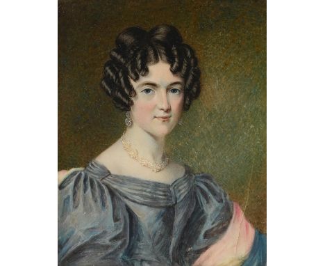 English School, Early 19th Century, a miniature portrait of a young lady with ringlets and a pearl necklace, watercolour on i