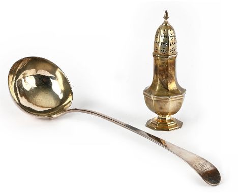 An English silver ladle, London 1790, makers mark for George Gray and a silver sugar castor of octagonal tapering form, Londo