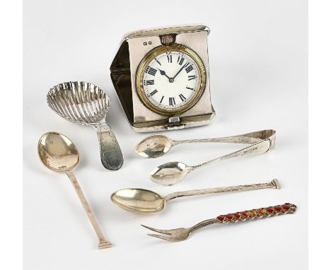 Engine turned silver cased traveling watch case, shell bowl caddy spoon, marked STG, enameled cake fork,925, two coffee spoon