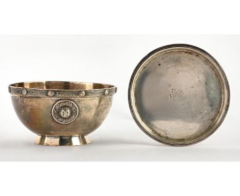 Irish silver card tray, by William Bond, Dublin 1796 10.5cm, presentation bowl with Celtic design, Dublin 1917, 7ozt 221gm