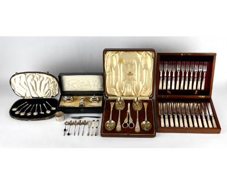 Silver condiment set , set of eight coffee spoons, various other coffee spoons, butter knives and a fork, cased set of silver