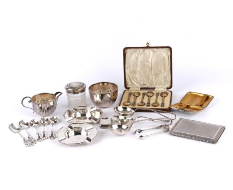 Cased set of silver and enamel coffee spoons, by Walker & Hall, Birmingham 1932, engine turned cigarette case, pair of ashtra