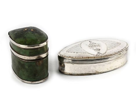 Late 18th/early19th century French shagreen and white metal traveling inkwell with pen and two screw in nibs and a French sil