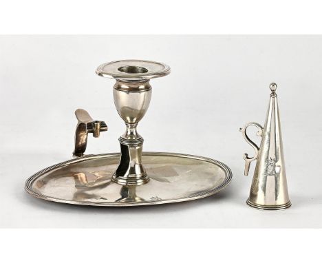 George III chamber stick with snuffer, the oval base and snuffer with Griffin crest, by Samuel Godbehere, Edward Wigan & Jame