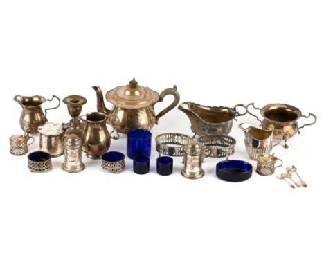 Mixed lot of small silver items to include, pair of open salts with swag decoration, pair of pepper shakers, four piece cruet