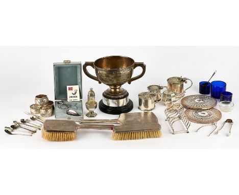Silver trophy cup, six division toast rack, mustard pots, serviette rings, condiment spoons, coasters, three piece engine tur