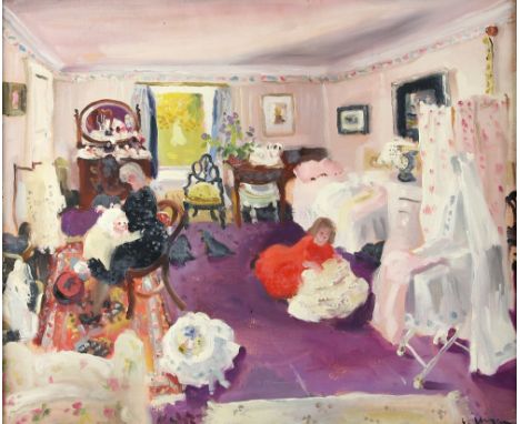 § Barbara Gilligan (British, 1913-1995) oil painting interior bedroom scene with purple carpet, 50cm x 60cmBarbara Helen Gill