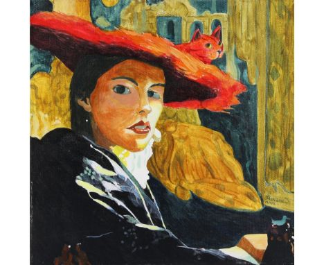 Stefan Moriame Girl with the Cat Peering, the artists adaptation of The Girl with the pearl earring, Acrylic on canvas, signe
