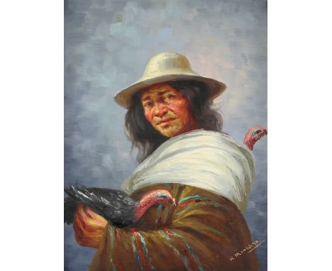 Hector Moncayo (Mexican/Ecuador, 1894-1984) portrait of an Ecuadorian man with birds, oil on board  signed lower right 54cm x