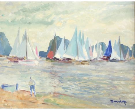 § Ronald Ossory Dunlop RA (Irish, 1894-1973) 'lake scene with sailing boats' signed oil on canvas, 37cm x 49cm , Boydell Gall