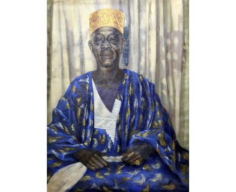 Sandra Francis (British). Portrait of the King of the Ruling state of Nigeria in traditional dress. 1978. Oil on canvas, 122 