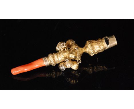 A George II gilt metal baby's teething rattle, the whistle and body with embossed rocaille decoration, two tiers of four bell