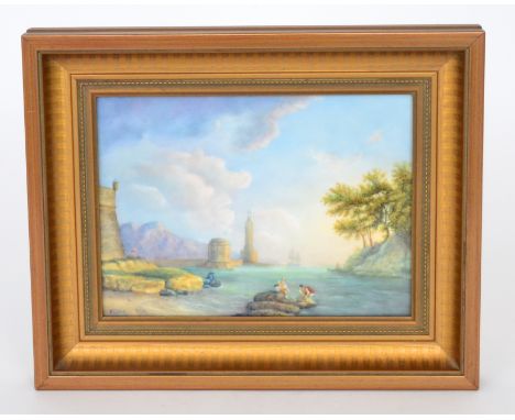 A framed porcelain plaque painted by Royal Worcester artist Francis Clark depicting an Italianate seascape with galleons in s