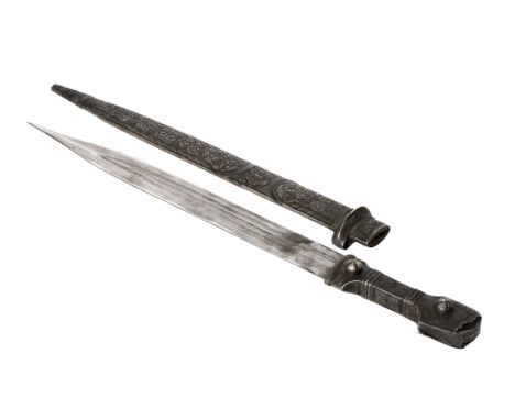 A 19th Century Caucasus region Kindjal dagger, the pointed steel blade with three central fullers,  white metal sheath with e