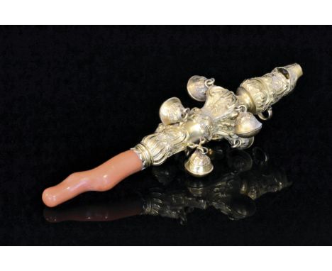 A Georgian Ducal silver gilt baby's teething rattle and whistle, all over embossed shell and scroll decoration, two tiers eac