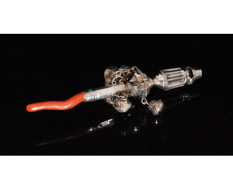A George II silver baby's teething rattle, the fluted whistle above plain body, four bells above four further bells suspended