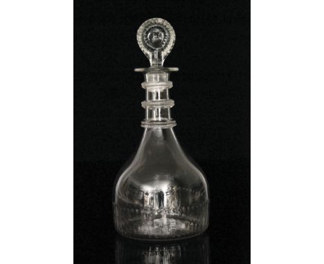 An 18th Century Irish Co Cork crystal glass decanter of Prussian form with basal moulding below a notched three ring neck and