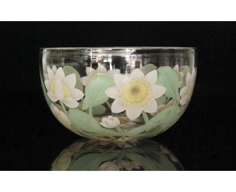 A mid 19th Century Richardsons crystal glass finger bowl of plain circular form Vitrified Enamel decorated with water lilies 