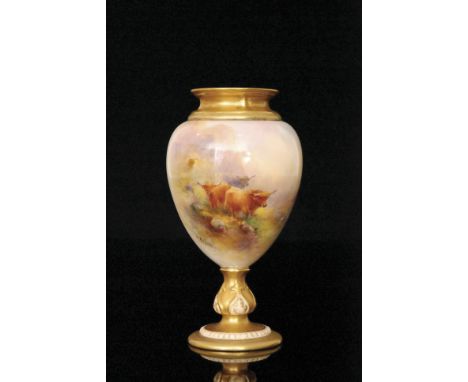 A Royal Worcester pedestal vase decorated by Harry Stinton, the ovoid body panel decorated with Highland cattle in a mountain