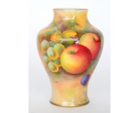 A Royal Worcester shape 2491 shouldered vase panel decorated by Shuck with apples and grapes, puce mark with date code for 19