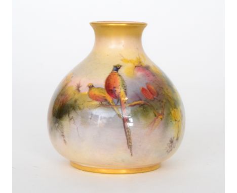 A Royal Worcester shape 2491 vase of ovoid form with a flared collar neck decorated by W.H Austin with a pheasant and a grous