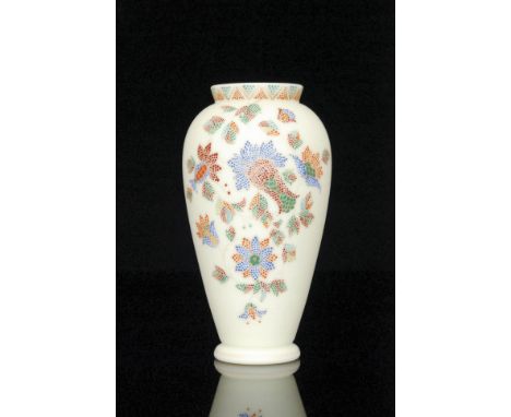 A late 19th Century Harrach vase of footed shouldered ovoid form with shallow collar neck, enamel decorated in the needlepoin