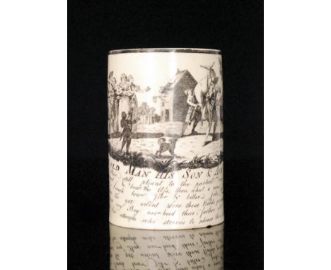 A late 18th Century creamware 'Aesop's Fable' cider mug decorated with a black transfer depicting The Old Man His Son & Ass w