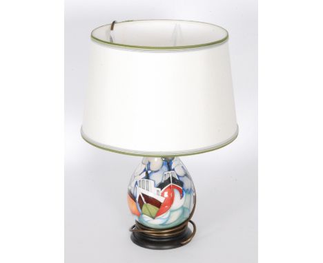 A Moorcroft Pottery Homeward Bound pattern table lamp designed by Emma Bossons, complete with original Moorcroft shade, print