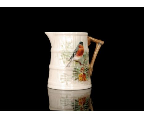 A Royal Worcester coopered jug decorated by H. Powell with a hand painted Bullfinch, green printed mark with date code for 19