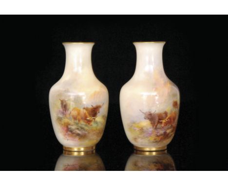 A pair of Royal Worcester baluster vases decorated by Harry Stinton with hand painted facing panel scenes of Highland cattle 