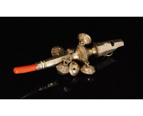 A Georgian silver gilt baby's teething rattle and whistle, all over stipple engraved decoration, two tiers each supporting th