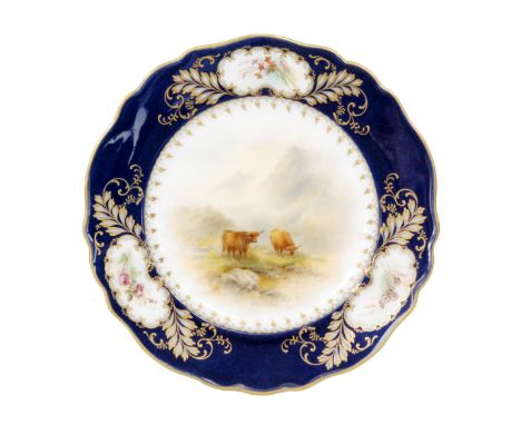 A Royal Worcester cabinet plate decorated by John Stinton with Highland cattle against a mountainous landscape, the border ed