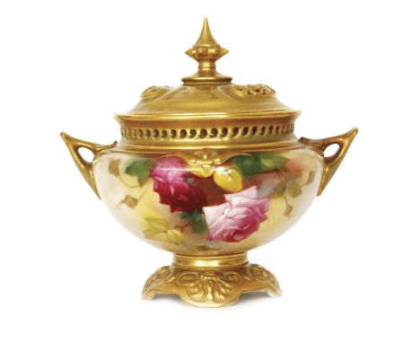 A Royal Worcester twin handled pot pourri vase and cover decorated by Ethel Spilsbury with hand painted roses against a pale 