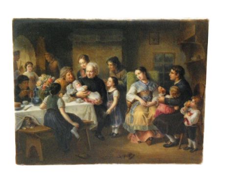 A 19th Century KPM porcelain plaque 'Die Taufe' (The Christening) after the original by Ludwig Knaus depicting a German famil