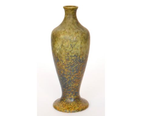 A Ruskin Pottery lamp base of footed Mei Ping form decorated in a mottled green and blue tonal glaze, impressed mark, dated 1